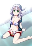  1girl amagi_brilliant_park bikini breasts cleavage green_eyes highres large_breasts legs looking_at_viewer muse_(amaburi) navel open_mouth pirate short_hair silver_hair sitting solo sorairo_porin swimsuit thighs wariza 