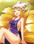  1girl adapted_costume animal_ears apron bare_shoulders blonde_hair breasts fox_ears fox_tail hat miyo_(ranthath) multiple_tails naked_apron open_mouth short_hair sideboob sitting solo tail touhou yakumo_ran yellow_eyes 