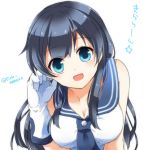  1girl :d agano_(kantai_collection) black_hair blue_eyes breasts cleavage gloves kantai_collection long_hair momoiro open_mouth sailor_collar smile solo twitter_username white_background white_gloves 
