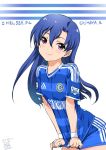  1girl blue_hair chelsea_fc flat_chest idolmaster inoue_sora kisaragi_chihaya long_hair red_eyes shorts signature smile soccer soccer_uniform solo sportswear wristband 