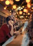  3boys alcohol bar black_hair blurry bokeh bottle brown_hair chin_rest clenched_teeth depth_of_field facial_hair fan ghost lights multiple_boys original sitting smile spilling stubble vient 