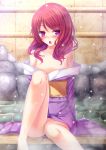  1girl blush highres japanese_clothes kimono long_hair looking_at_viewer love_live!_school_idol_project nishikino_maki off_shoulder onsen open_mouth redhead sitting solo steam toshi_(1-147) violet_eyes water wet 