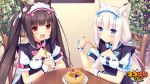  2girls animal_ears black_hair blue_eyes blush breasts cake cat_ears chair chocolat_(sayori) cleavage cleavage_cutout food fork game_cg headdress long_hair looking_at_viewer multiple_girls name_tag nekopara open_mouth original plate red_eyes sayori short_sleeves silver_hair sitting slit_pupils small_breasts smile table twintails vanilla_(sayori) waitress 