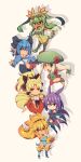  6+girls animal_ears blonde_hair blue_hair chibi flygon fox_ears fox_tail green_eyes green_hair hat japanese_clothes kuromiya long_hair miko multiple_girls multiple_tails personification pokemon purple_hair red_eyes short_hair tail thigh-highs white_hair yellow_eyes 