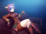  1girl boots couch crossed_legs fake_horns gloves hoodie kagari_(pokemon) kagari_(pokemon)_(remake) looking_at_viewer monorus poke_ball pokemon pokemon_(game) pokemon_oras purple_hair short_hair sitting solo team_magma violet_eyes 