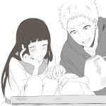  1boy 1girl black_hair closed_eyes highres hyuuga_hinata long_hair monochrome narita_(nacyanon) naruto short_hair smile uzumaki_naruto watering watering_can 