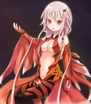  1girl bare_shoulders black_legwear breasts center_opening cleavage cupen detached_sleeves elbow_gloves fingerless_gloves gloves guilty_crown hair_ornament hairclip highres long_hair looking_at_viewer navel open_mouth pink_hair red_eyes solo thigh-highs twintails yuzuriha_inori 