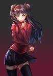  1girl between_fingers black_legwear fate/stay_night fate_(series) gem green_eyes hair_ribbon long_hair looking_at_viewer ribbon skirt smile solo taii_gp01 thigh-highs tohsaka_rin toosaka_rin twintails 