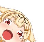  1girl blonde_hair hair_ornament hair_ribbon hairclip highres kantai_collection long_hair love_live!_school_idol_project open_mouth parody red_eyes ribbon smile solo yuudachi_(kantai_collection) 
