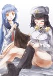  2girls ^_^ black_hair blue_hair blush breasts closed_eyes epaulettes female_admiral_(kantai_collection) hat kantai_collection large_breasts multiple_girls murakumo_(kantai_collection) neckerchief open_mouth orange_eyes pantyhose payot skirt smile yohane 