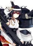  1girl black_hair breasts cannon detached_sleeves epaulettes hair_ornament headband highres kantai_collection light_smile looking_at_viewer machinery mecha_musume miniskirt natsuyuki nontraditional_miko pleated_skirt red_eyes red_skirt simple_background skirt solo turret white_background yamashiro_(kantai_collection) 