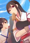  2girls akagi_(kantai_collection) blush bow_(weapon) bread bread_in_mouth brown_eyes brown_hair clouds food hinagi_(fox_priest) japanese_clothes kaga_(kantai_collection) kantai_collection long_hair looking_at_viewer mouth_hold multiple_girls muneate short_hair side_ponytail sky weapon yugake 