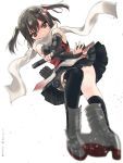  1girl black_hair black_legwear blurry brown_eyes dated depth_of_field fingerless_gloves gloves hair_ornament kantai_collection ko_ru_ri looking_at_viewer scarf sendai_(kantai_collection) short_hair single_thighhigh skirt smile solo thigh-highs torpedo twitter_username two_side_up 