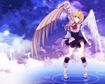  1girl angel angel_wings asymmetrical_wings blonde_hair blue_eyes borrowed_character bow cassie_(acerailgun) clouds cloudy_sky cravat cyborg feathered_wings full_body knees_together_feet_apart mechanical_arm mechanical_wings original power_lines seishiki silhouette skirt sky smile solo standing standing_on_water star_(sky) starry_sky wings 