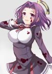  1girl black_gloves blood blood_on_face bloody_clothes blush bust dress gloves grey_background hand_on_own_cheek harimoji heart kantai_collection long_sleeves mechanical_halo purple_hair short_hair simple_background smile solo tatsuta_(kantai_collection) violet_eyes 