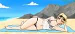  1girl artist_request barefoot beach beach_towel bikini blonde_hair blush checkered checkered_bikini katawa_shoujo looking_at_viewer lying mound_of_venus navel ocean on_side red_eyes satou_akira see-through short_hair side-tie_bikini signature small_breasts smile solo sunglasses sunglasses_on_head swimsuit toes wet wet_clothes wide_hips 