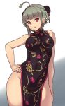  1girl ahoge breasts bun_cover china_dress chinese_clothes double_bun grey_hair hand_on_hip houtengeki large_breasts looking_at_viewer original red_eyes short_hair sleeveless solo 