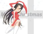  1girl bad_id black_hair breasts christmas cleavage hat highres long_hair ltt_challenger original panties red_eyes santa_hat side-tie_panties solo striped striped_panties thigh-highs underwear 