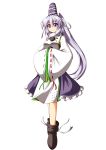  1girl blush full_body hagami495 hands_in_sleeves hat highres japanese_clothes kariginu long_hair long_sleeves looking_at_viewer mononobe_no_futo ponytail purple_hair ribbon shoes silver_hair simple_background skirt smile solo tate_eboshi touhou white_background wide_sleeves 