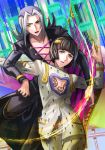  2boys black_hair black_lipstick blue_eyes bruno_bucciarati colorful grey_hair highres jojo_no_kimyou_na_bouken leone_abbachio lipstick long_hair makeup multiple_boys shirawara_bianka yellow_eyes zipper 