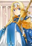  1girl alice_schuberg armor blonde_hair blue_eyes gauntlets getsuyoubi light_particles long_hair looking_at_viewer robe scabbard sheath solo sword sword_art_online weapon 