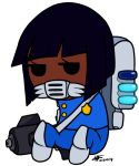  1girl black_eyes black_hair bob_cut boots dark_skin dated flat_color full_body gun nuclear_throne pk-majyyks police police_uniform respirator rogue_(nuclear_throne) short_hair signature simple_background sitting solo transparent_background uniform weapon 