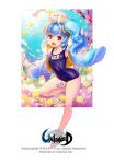  1girl 2015 blue_hair ecell looking_at_viewer red_eyes school_swimsuit sheep solo swimsuit unleashed 