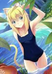  1girl animal_ears arm_up beach blonde_hair blue_eyes cat_ears cat_tail highres leaf looking_at_viewer original school_swimsuit sketch skindentation smile solo sonikey0_0 swimsuit tail water wet wet_clothes 