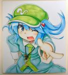  1girl blue_eyes blue_hair hair_bobbles hair_ornament hand_on_hip hat kawashiro_nitori key one_eye_closed open_mouth photo pointing pointing_at_viewer ryuu_(multitask) short_hair smile solo touhou traditional_media twintails 