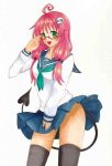  1girl ahoge bespectacled blush breasts commentary_request demon_tail glasses green_eyes hair_ornament lala_satalin_deviluke long_hair looking_at_viewer open_mouth peke pink_hair school_uniform serafuku smile solo tail thigh-highs to_love-ru 