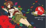  1girl brown_hair character_name grey_background hand_on_own_stomach highres hyuuga_(kantai_collection) japanese_clothes kantai_collection lying musasabing origami paper_crane red_eyes ribbon-trimmed_sleeves ribbon_trim short_hair twitter_username 