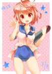  1girl :d character_name dated hair_ornament i-58_(kantai_collection) kantai_collection momoiro open_mouth pink_hair red_eyes school_swimsuit school_uniform serafuku short_hair smile solo swimsuit torpedo 
