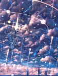  1girl bou_nin braid capelet clouds dress highres light lightning long_hair original railing scenery science_fiction single_braid sky star_(sky) starry_sky wind 