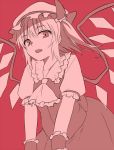  1girl ascot flandre_scarlet hat looking_at_viewer miyo_(ranthath) monochrome open_mouth short_hair side_ponytail skirt skirt_set solo touhou wings wrist_cuffs 