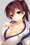  1girl breasts brown_hair bust cleavage collarbone grey_background japanese_clothes jpeg_artifacts kaga_(kantai_collection) kantai_collection looking_at_viewer nironiro side_ponytail solo tasuki yellow_eyes 
