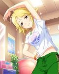  1girl exercise idolmaster idolmaster_cinderella_girls navel off_shoulder solo sweatband t-shirt umeki_otoha 