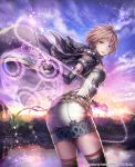  1girl anbe_yoshirou blonde_hair breasts brown_eyes cleavage deity_wars highres holding magic outdoors short_hair solo 