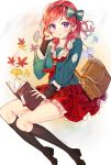  1girl artist_name autumn_leaves bag blush book bookmark bow earrings ginkgo_leaf hair_bow hair_tucking hairband holding holding_book jewelry kneehighs leaf leaf_background long_hair long_sleeves looking_at_viewer love_live!_school_idol_project maple_leaf neckerchief nishikino_maki open_book parfait_(ryunghu) plaid plaid_skirt redhead sitting skirt smile solo violet_eyes 