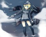  1girl black_legwear black_ribbon black_skirt blonde_hair blue_eyes clouds gloves hair_ornament hair_ribbon hat izuoku kantai_collection long_hair long_sleeves machinery military military_uniform miniskirt over-kneehighs peaked_cap pleated_skirt prinz_eugen_(kantai_collection) ribbon skirt sky solo thigh-highs turret twintails uniform wading water white_gloves 