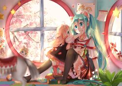  3girls absurdres ahoge black_legwear black_thighhighs blonde_hair blue_eyes blue_hair blush dress food hatsune_miku highres ia_(vocaloid) kagamine_rin long_hair lu_(tabasa1991) multiple_girls sandwich short_hair skirt socks star tagme thigh-highs thighhighs vocaloid 