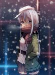  1girl blurry blush breath cowboy_shot depth_of_field grey_eyes hands_in_pockets hibiki_(kantai_collection) highres jacket jungle_gym kantai_collection kiyomin long_hair looking_at_viewer pleated_skirt scarf skirt snow solo thigh-highs verniy_(kantai_collection) very_long_hair white_hair zettai_ryouiki 