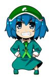  1girl blue_eyes blue_hair chibi hair_bobbles hair_ornament hands_on_hips hat kawashiro_nitori key ryuu_(multitask) short_hair simple_background smile solo touhou twintails white_background 