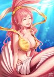  1girl breasts bubble cleavage closed_eyes collarbone earrings highres jewelry long_hair mermaid monster_girl navel one_piece open_mouth pink_hair scales shirahoshi signature smile solo sunlight underwater very_long_hair wavy_hair zerg309 