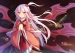  1girl dress hair_bobbles hair_ornament hands hands_clasped koxo-01 long_hair long_sleeves looking_at_viewer multiple_wings red_dress red_eyes ribbon shinki side_ponytail silver_hair solo touhou touhou_(pc-98) wide_sleeves wings 