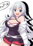  1girl :d bare_shoulders bin1998 blue_eyes blush breasts cleavage highres large_breasts long_hair open_mouth ore_twintail_ni_narimasu silver_hair simple_background skirt smile solo twoearle white_background 