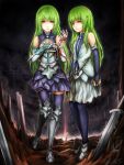 2girls aionlights armor bare_shoulders borrowed_character bridal_gauntlets clouds cloudy_sky dual_persona full_body gauntlets greaves green_hair long_hair multiple_girls original pantyhose planted_sword planted_weapon pointy_ears rain rynn_(acerailgun) signature skirt sky sword thigh-highs very_long_hair watermark weapon web_address yellow_eyes 
