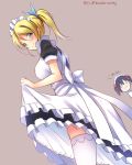 2girls apron ayase_eli blonde_hair blush breast_envy breasts dated dutch_angle from_side frown garter_straps highres looking_at_viewer love_live!_school_idol_project maid maid_headdress multiple_girls short_hair skirt skirt_lift smile thigh-highs white_legwear wonder_zone yazawa_nico yu-ta 