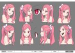  1girl bangs character_sheet evil_smile expressions grin long_hair me!me!me! multicolored_eyes official_art parted_bangs pink_hair ponytail red_eyes scrunchie smile solo 