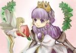  2girls amulet arlia armor armored_dress bangs barefoot blonde_hair braid crown dress earrings fairy fairy_wings food french_braid fruit gauntlets gradriel hayame_(m_ayame) jewelry minigirl multiple_girls peach pointy_ears princess_crown purple_hair short_hair violet_eyes white_dress wings 