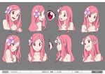  1girl bangs blush character_sheet expressions flower hair_flower hair_ornament long_hair me!me!me! official_art parted_bangs pink_hair red_eyes smile solo 